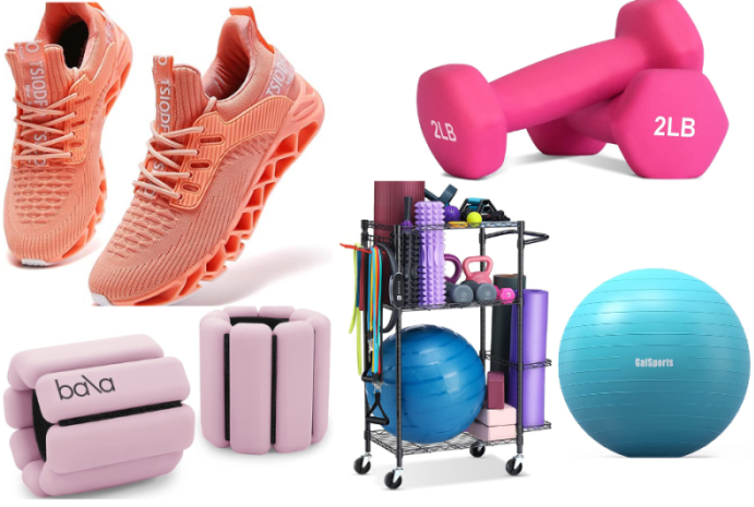 sneakers, dumb bells, leg weights, balancing ball, workout equipment