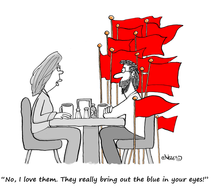 middle aged woman and man on a date, with red flags next to him