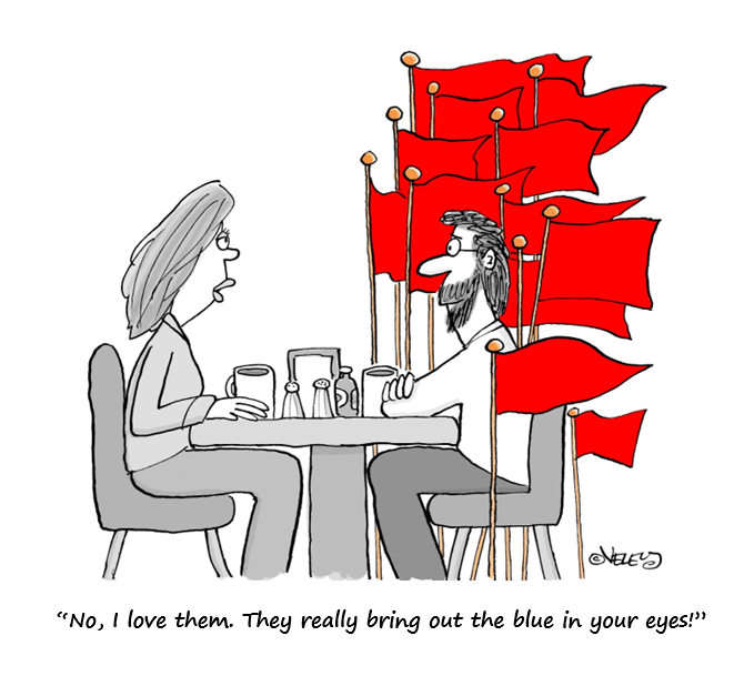 middle aged woman and man on a date, red flags